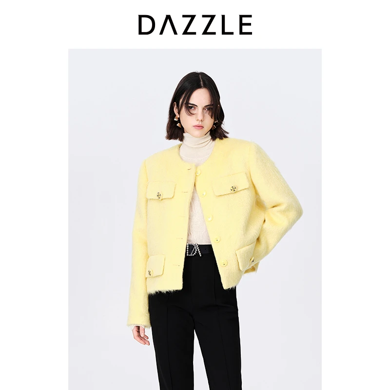 DAZZLE地素 黄色马海毛混纺千金毛呢大衣女2E4G209