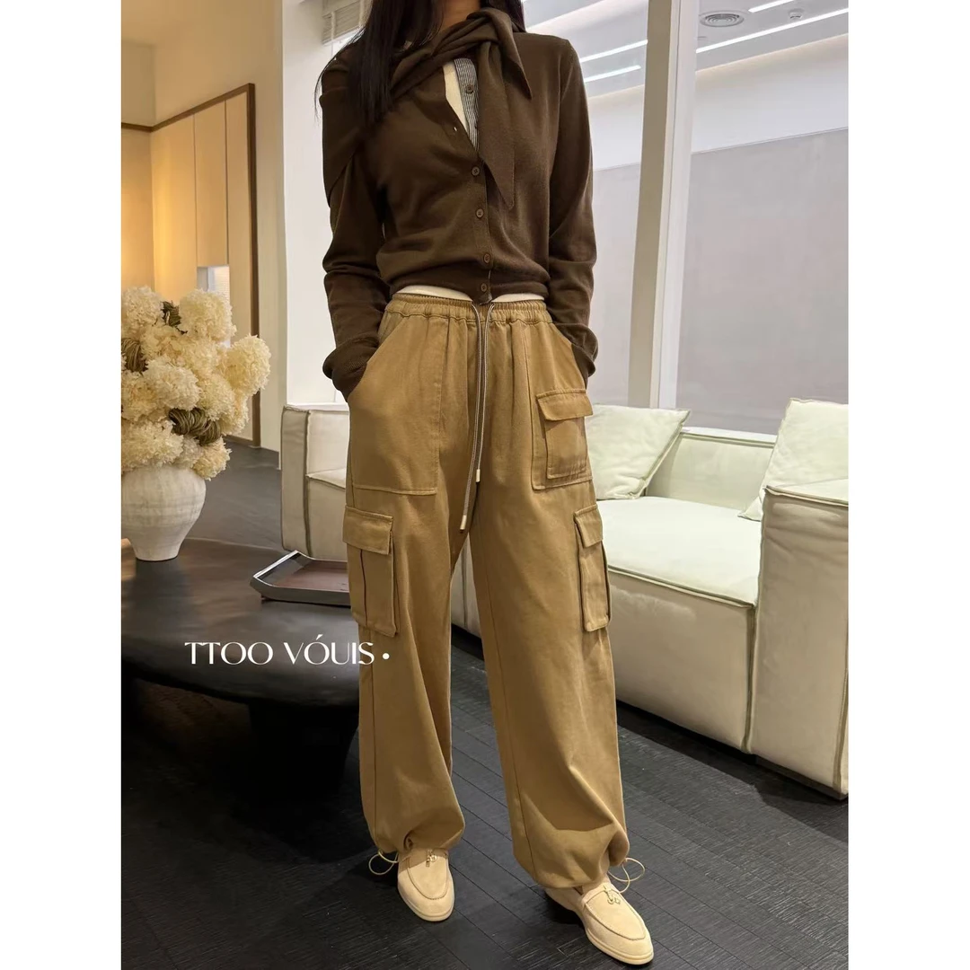 秋季酷飒风抽绳松紧腰束脚口袋设计棉料工装裤女宽松长裤春秋秋冬