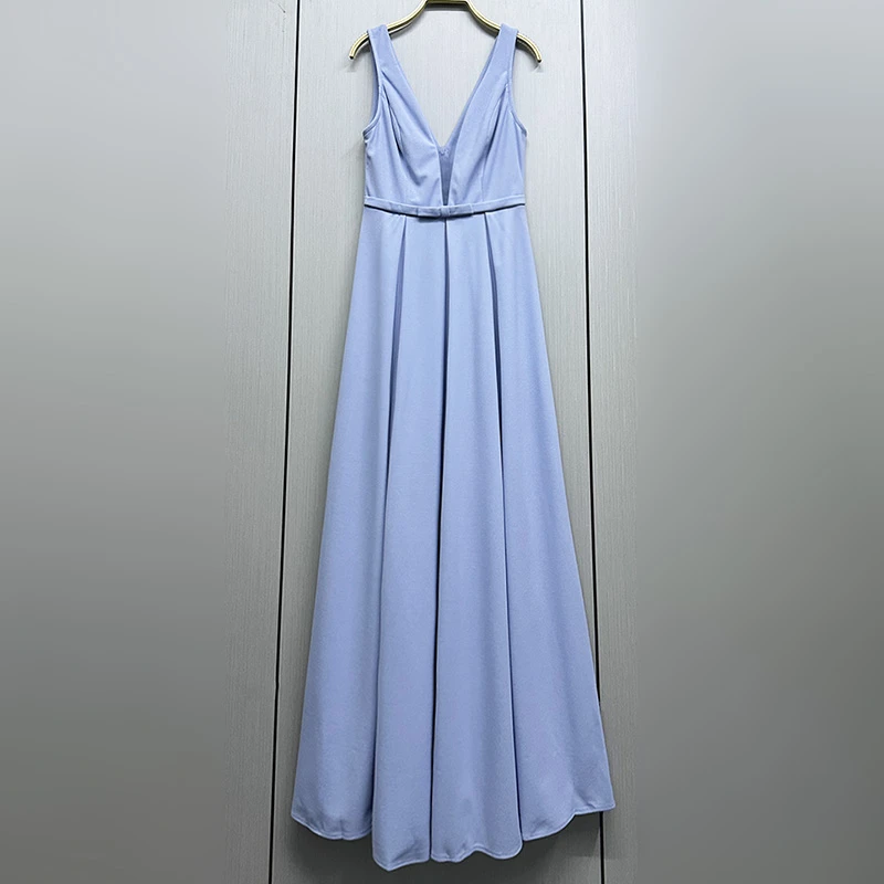 外贸原单170高个子女士新款夏季无袖V领高腰大摆A字长款连衣裙