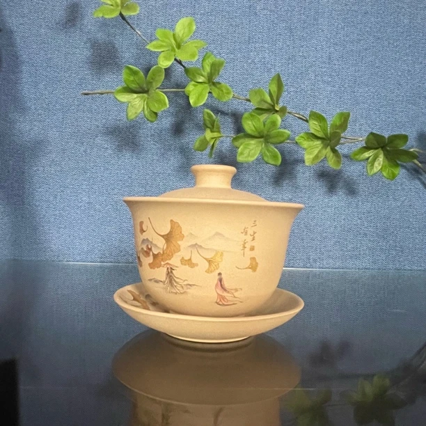 【宜兴原矿紫砂】本山绿泥珐琅彩三生有幸三才盖碗高端茶具200cc