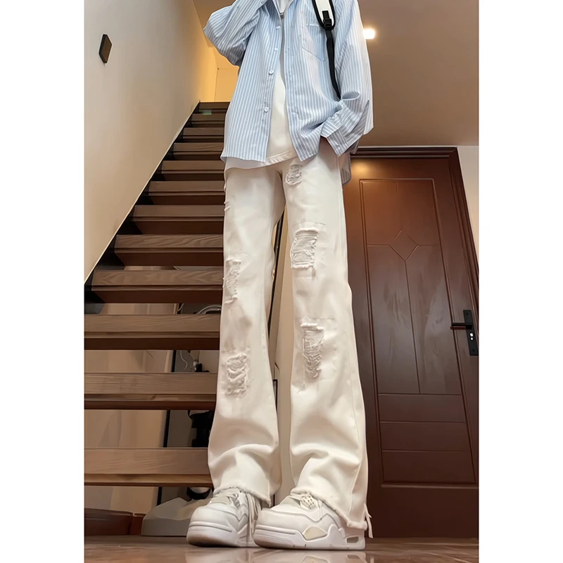 美式高街白色破洞牛仔裤男夏季薄款ins潮牌百搭修身直筒微喇裤子