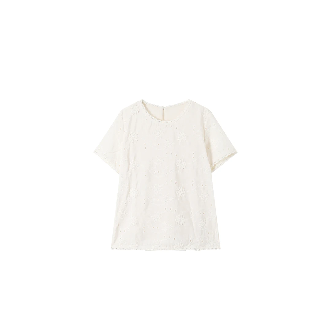 【KOBO】简约设计感刺绣钩花圆领时尚百搭短袖T恤 C HRYXD632-1
