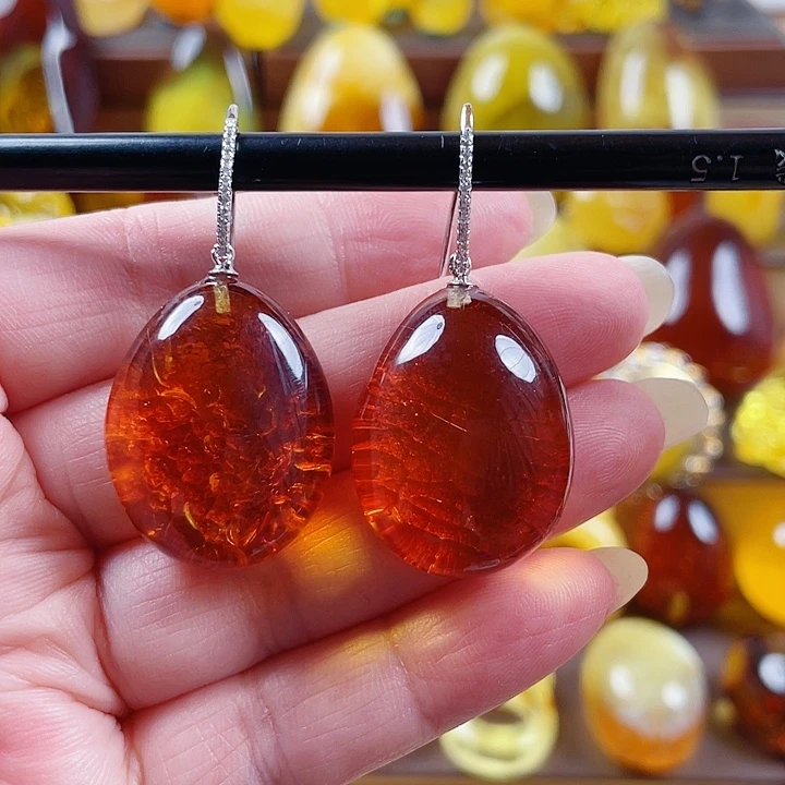 琥珀银S925镶嵌裸石耳环