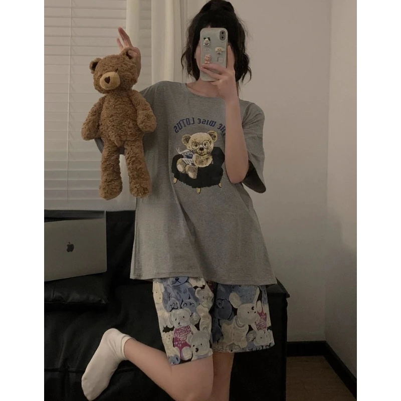 胸垫版睡衣女夏季新款纯棉短袖短裤休闲外穿家居服套装（画报小熊）