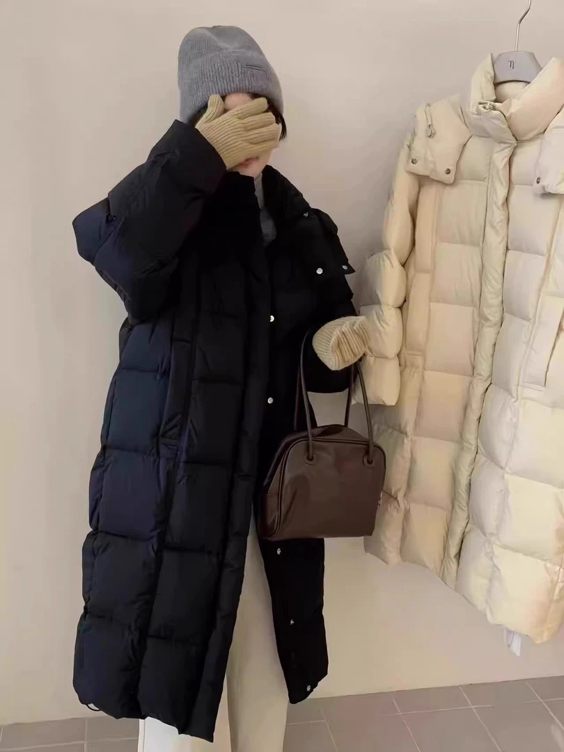 韩国宽松加厚保暖连帽90白鸭绒长款过膝羽绒服外套女冬季