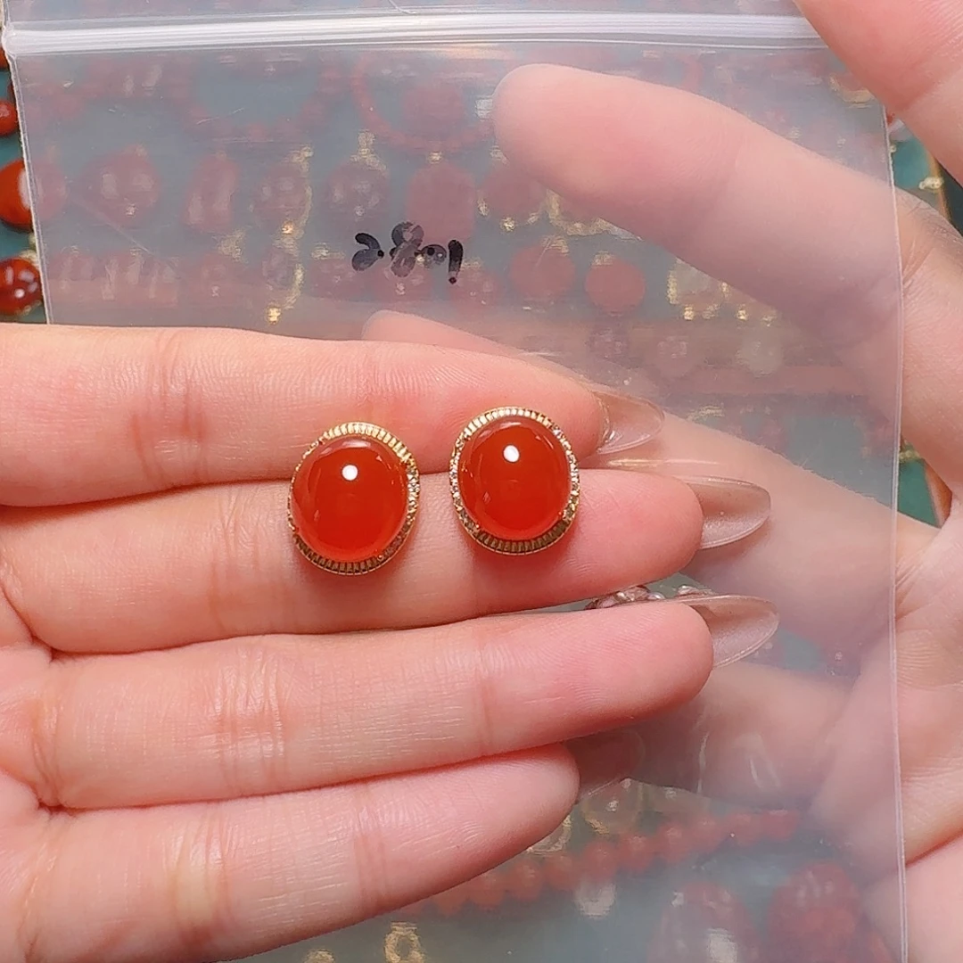 南红玛瑙银S925镶嵌耳饰