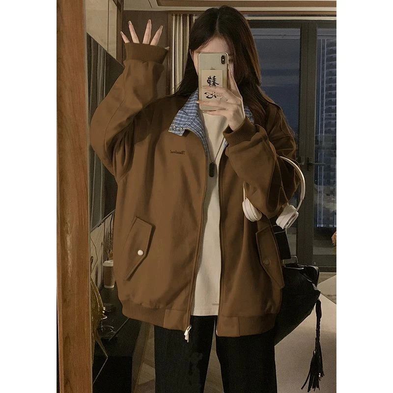 美式复古宽松冬季翻领格子麂皮绒夹克机能风外套ins秋冬百搭休闲