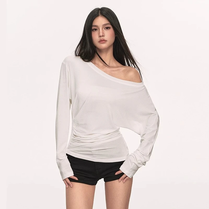 anna aneae莱赛尔天丝长袖T恤女早秋白色宽松斜肩百搭防晒上衣潮