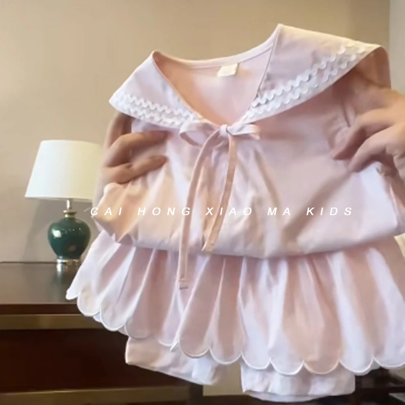 女童套装夏季25新款女孩洋气甜美蝴蝶结海军翻领上衣儿童花边裙裤