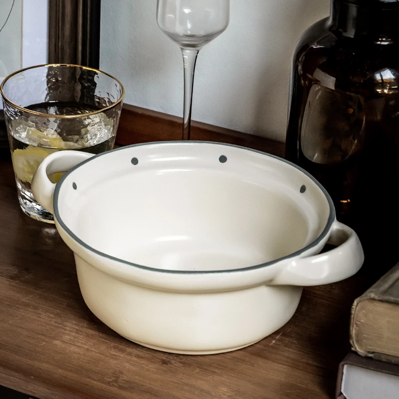 小悠家〖复古波点双耳汤碗〗ins哑光陶瓷碗加厚汤面碗吃螺丝粉碗