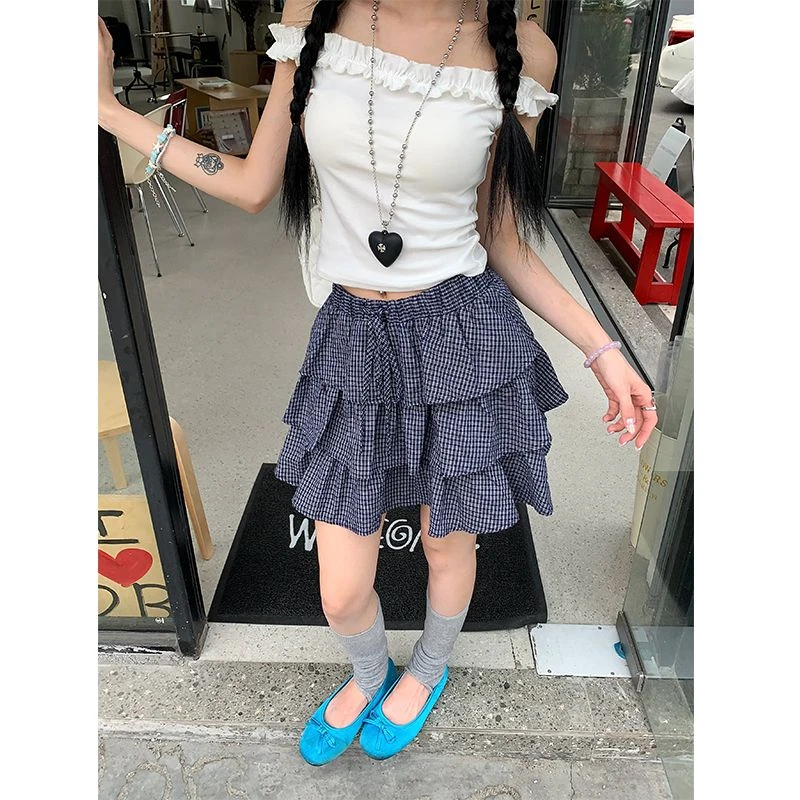 蓝色格子双层蓬蓬蛋糕裙女夏季新款小个子辣妹防走光A字半身短裙
