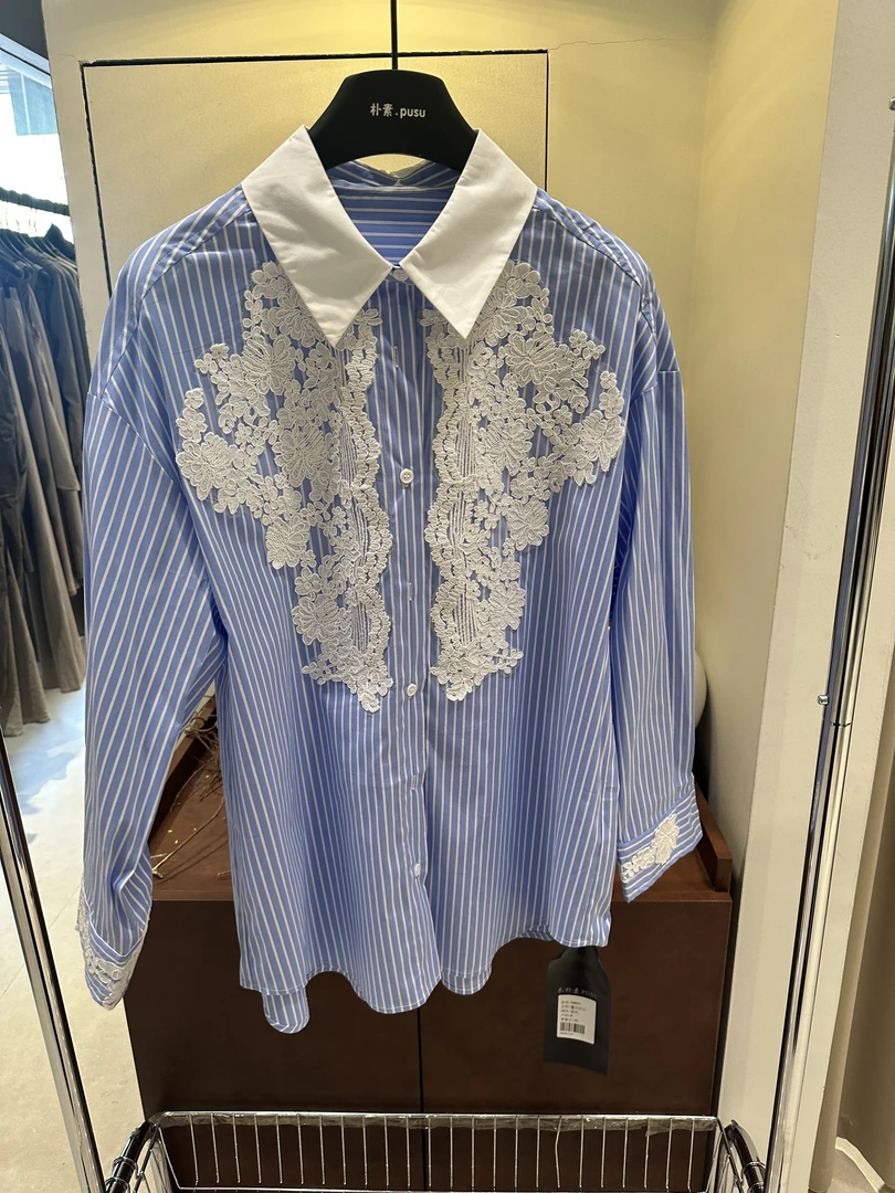 【木朴素衬衫25】蕾丝拼接宽松休闲衬衫8065