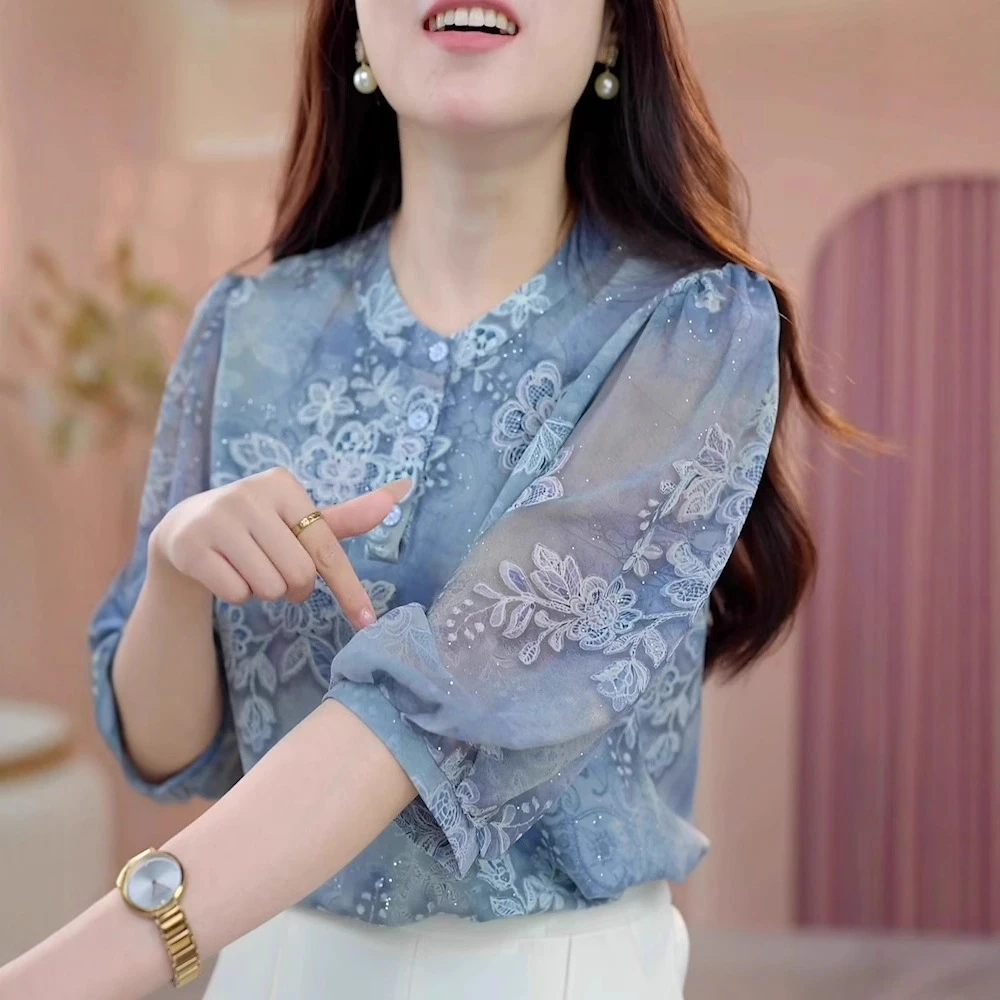 新款优雅时尚气质显瘦短袖套头衬衫蓝色洋气牛仔衬衣女上衣打底