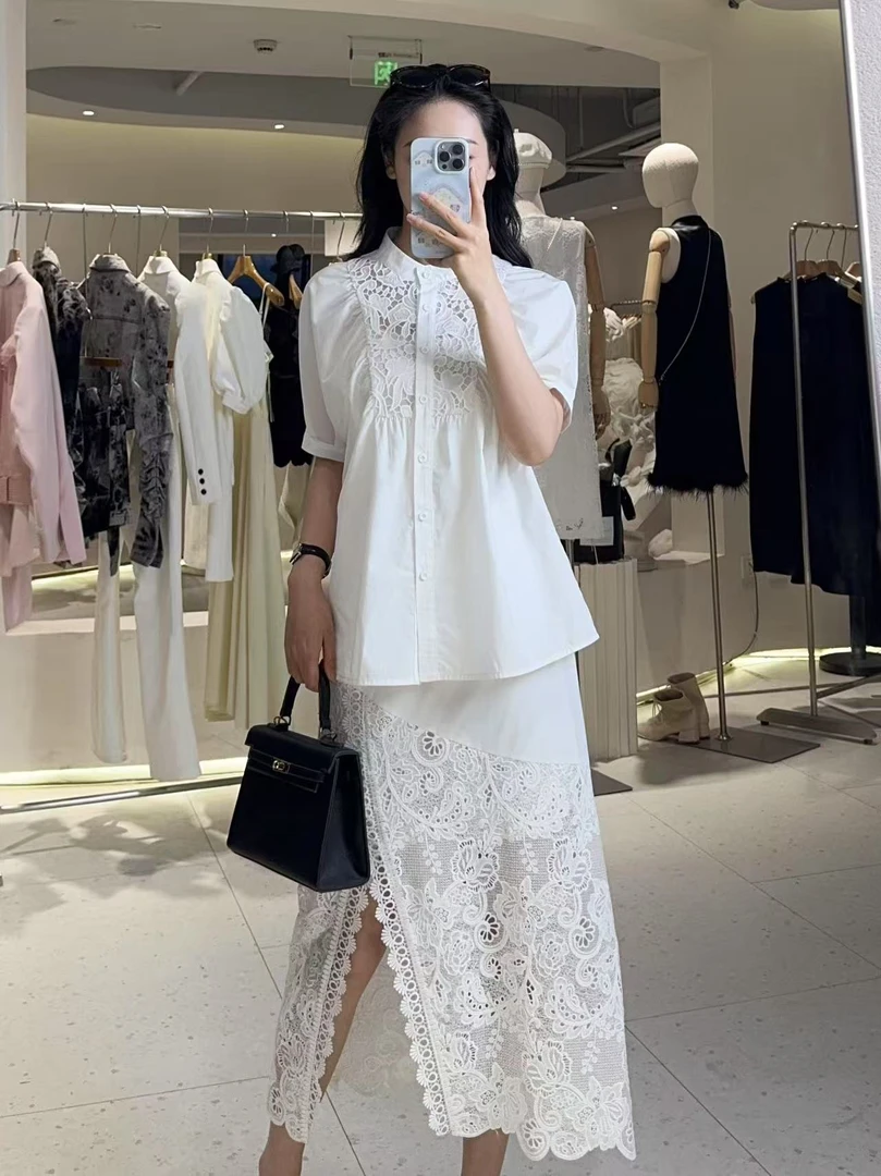 “精致浪漫”白色立领法式’老钱风‘衬衫夏季镂空刺绣设计感衬衫