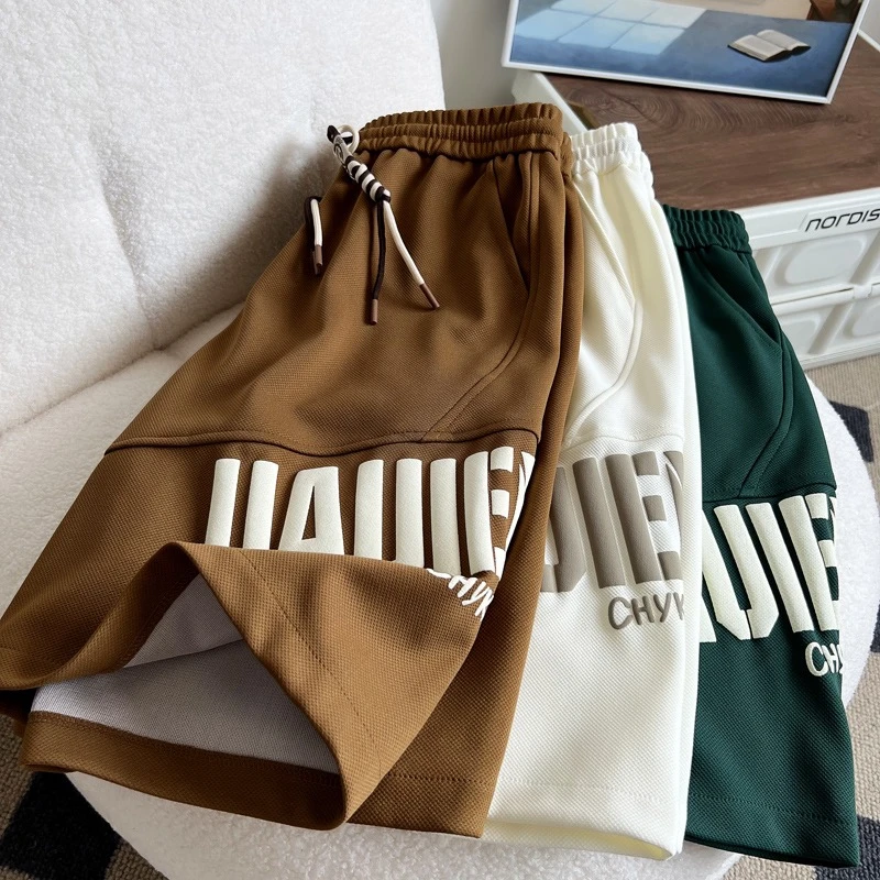 高街休闲短裤男士夏季薄款字母印花宽松马裤青少年运动直筒五分裤