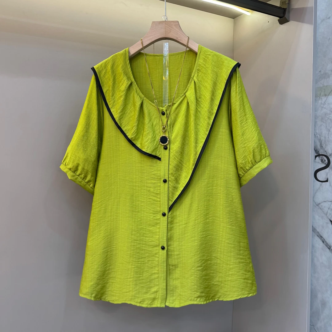 胖妹妹大码女装2025夏季新款时尚复古风拼接衬衫女韩版衬衣1528