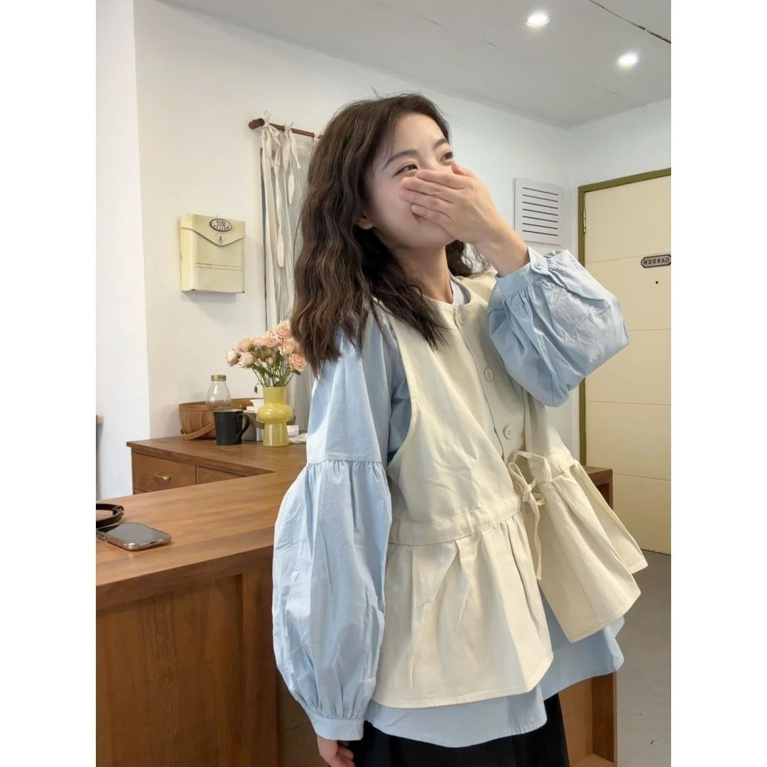宽松百搭圆领长袖衬衫叠穿绑带马甲套装2025春季新款时尚两件套女