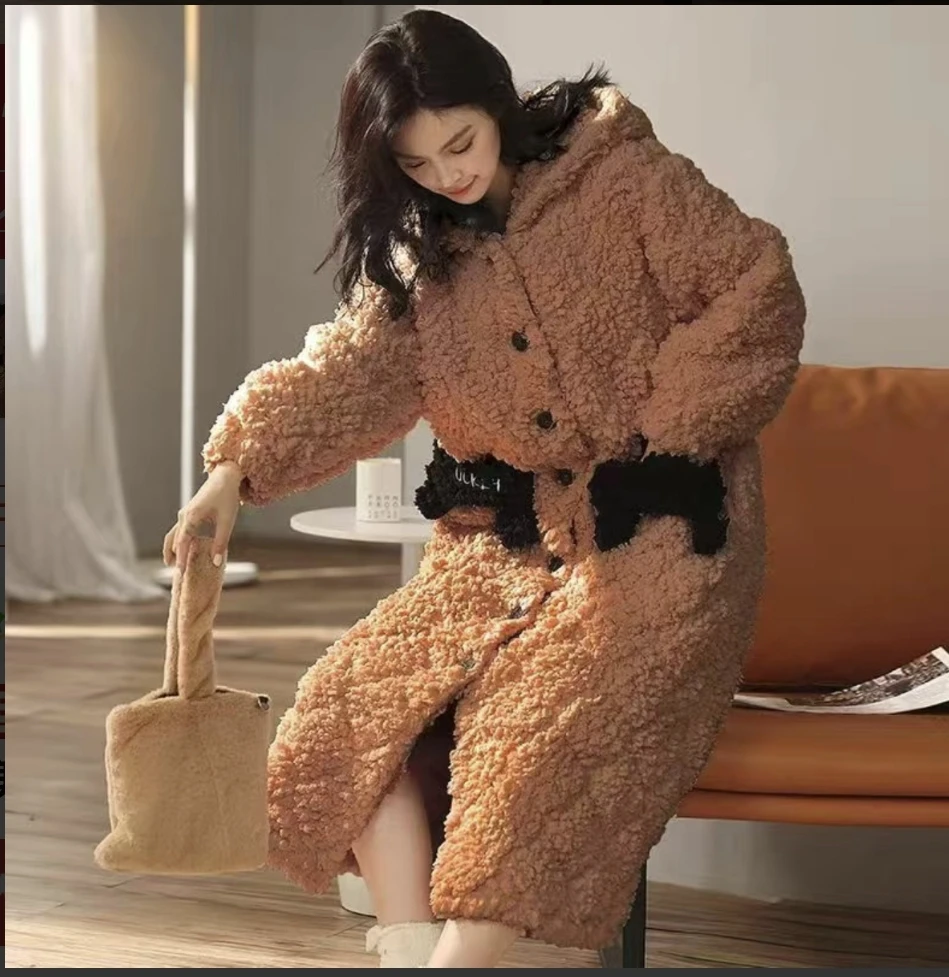 女冬季睡衣家居服袍家居服长款甜美连帽休闲秋冬加绒冬款