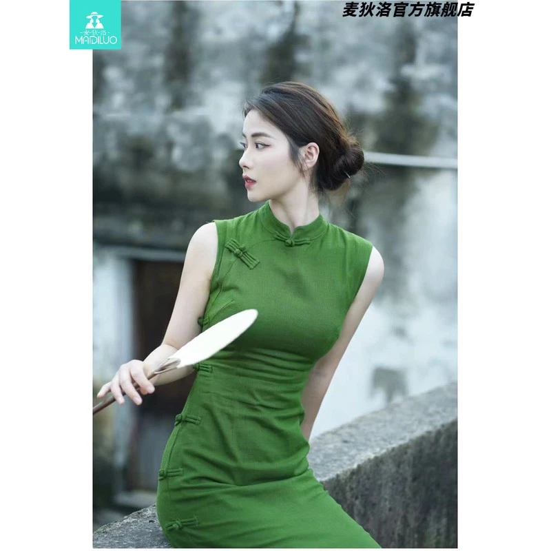 【限量款】新中式改良日常旗袍裙国风绿色复古气质纯色修身连衣裙女