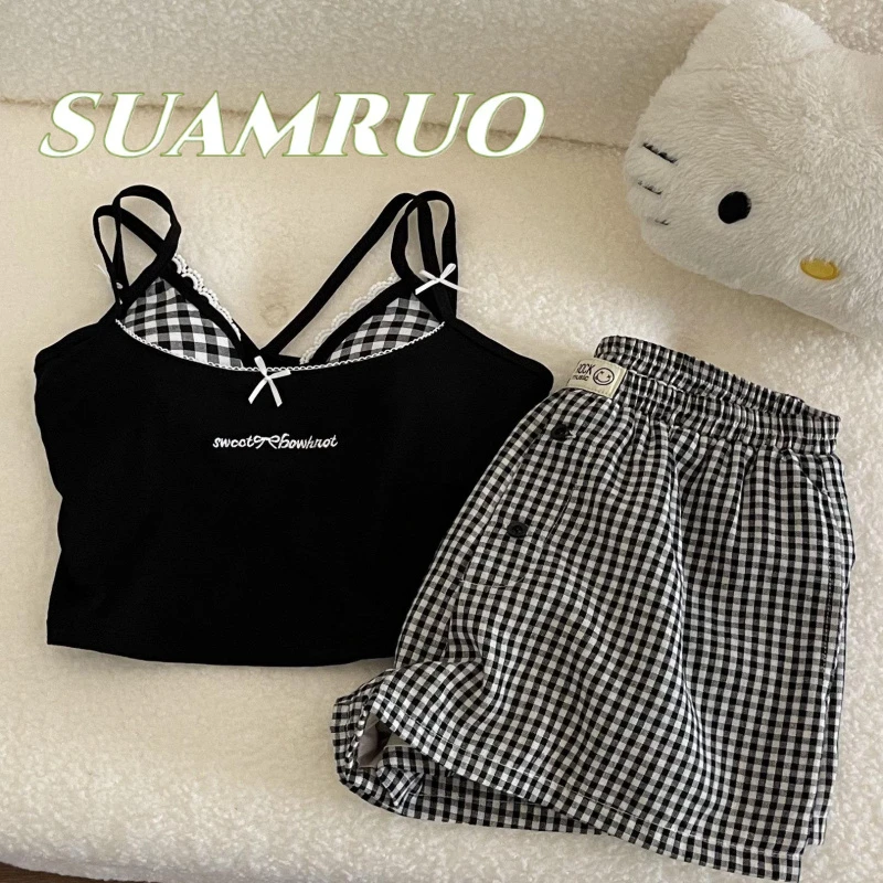 纯欲风花边字母印花吊带睡衣女夏款V领带胸垫格纹短裤家居服套装