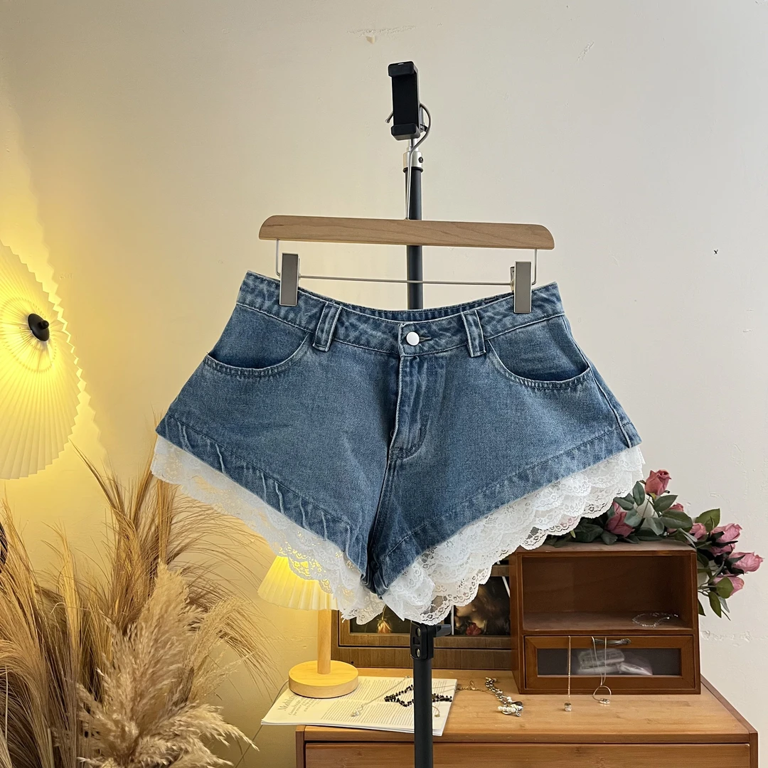 LHTE青青大码女装 小众设计感百搭蕾丝花边蓝牛仔短裤K7724