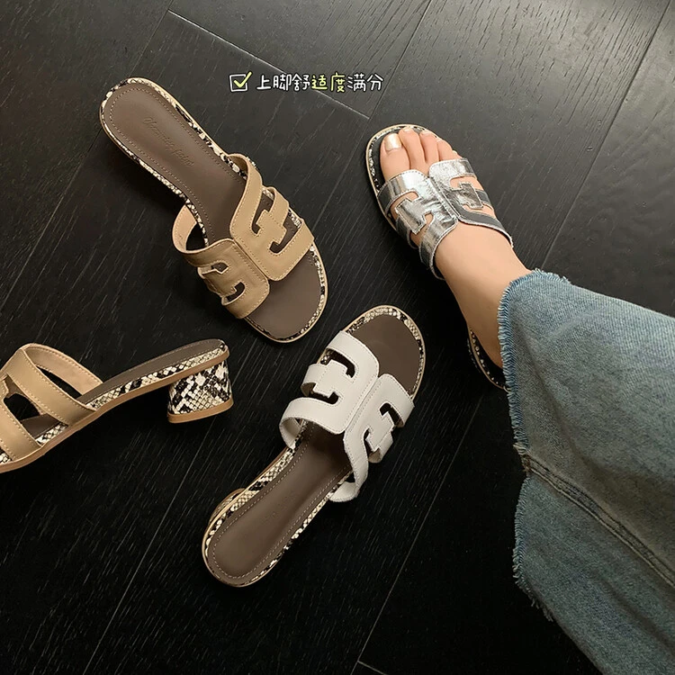 【阿妍】真皮气质外穿拖鞋百搭平底舒适拼色简约圆头低粗跟拖鞋女