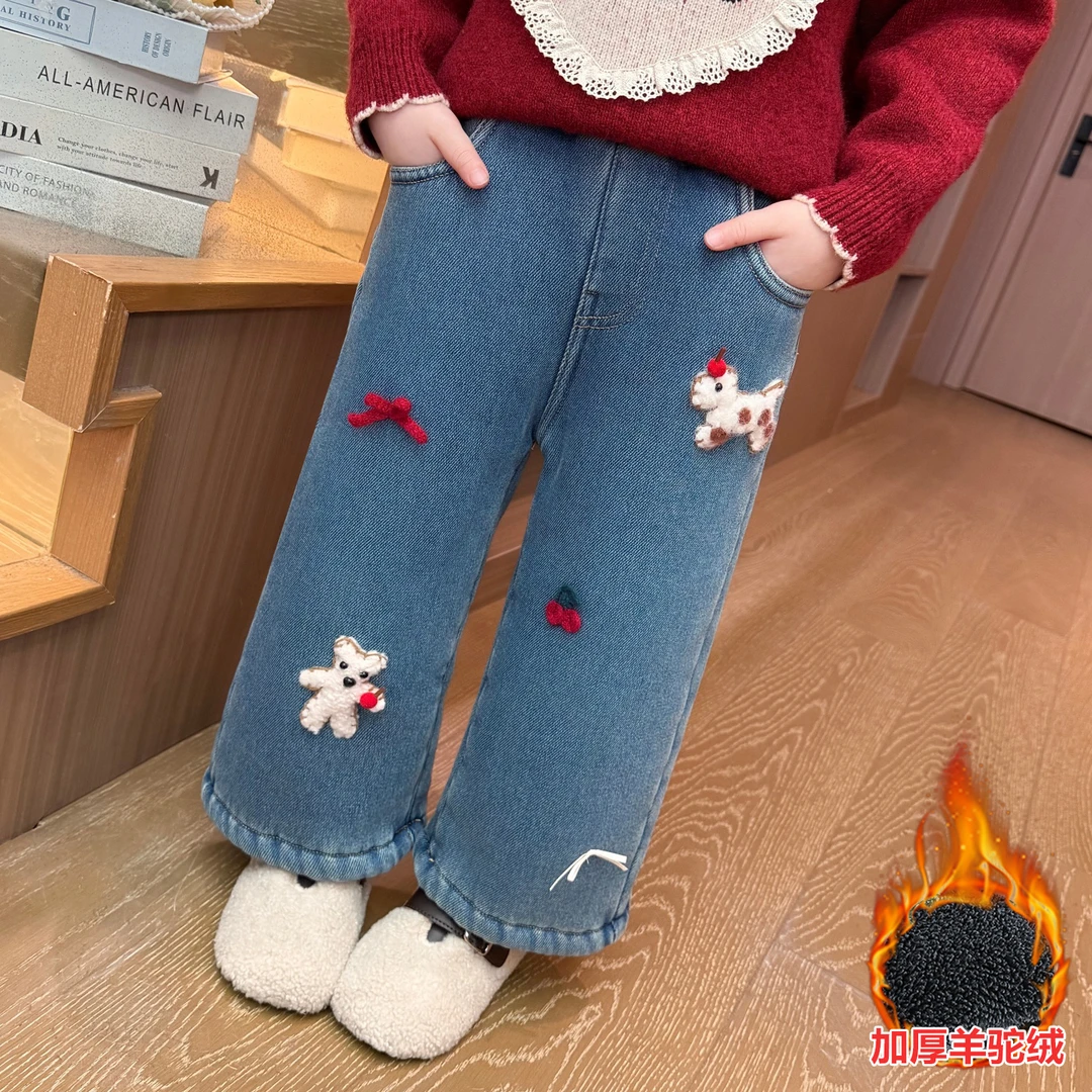 女童冬装洋气小马羊驼绒牛仔裤2025新款儿童韩版女宝宝加厚裤子潮