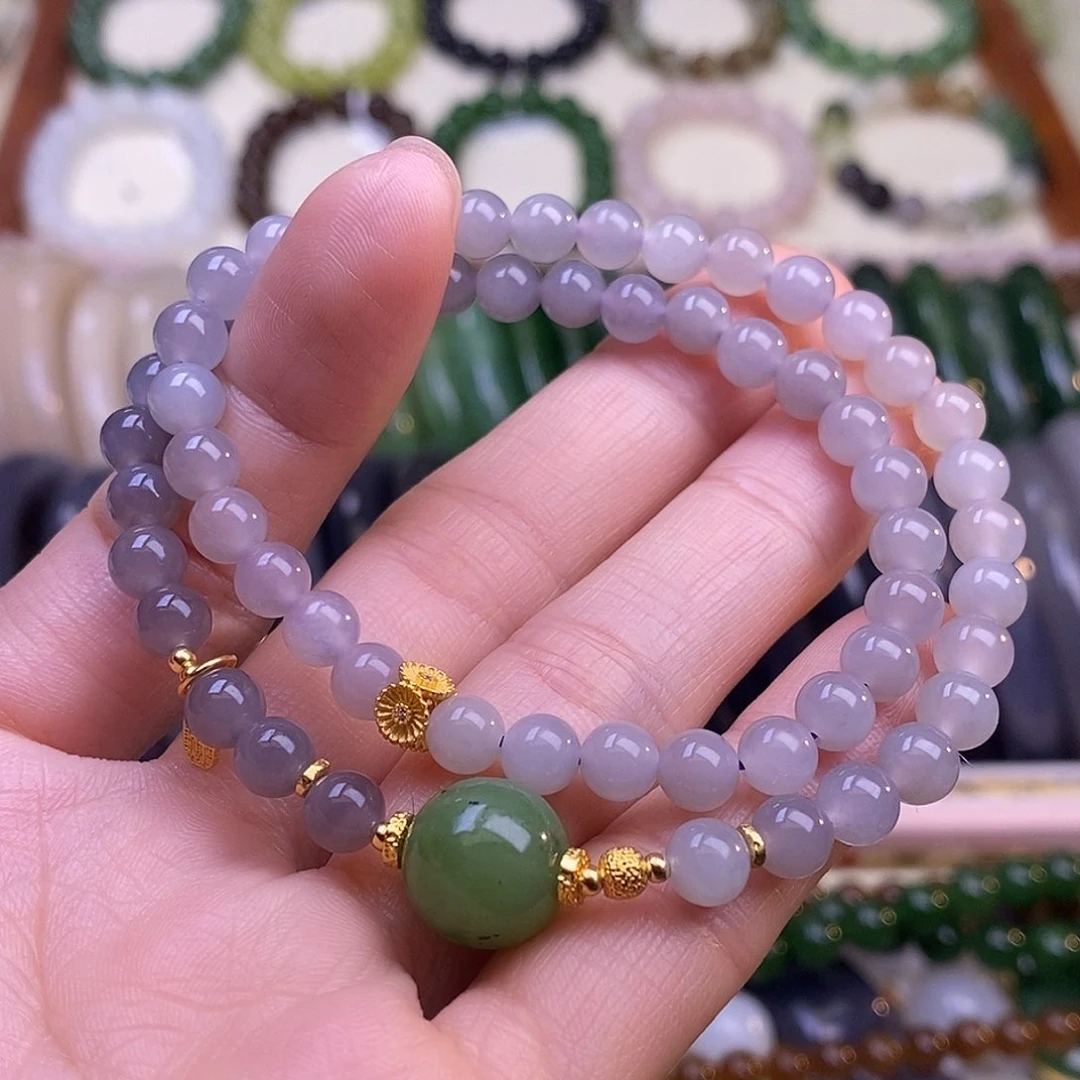 颈饰未镶嵌和田玉冰烟紫6mm渐变色双圈手链