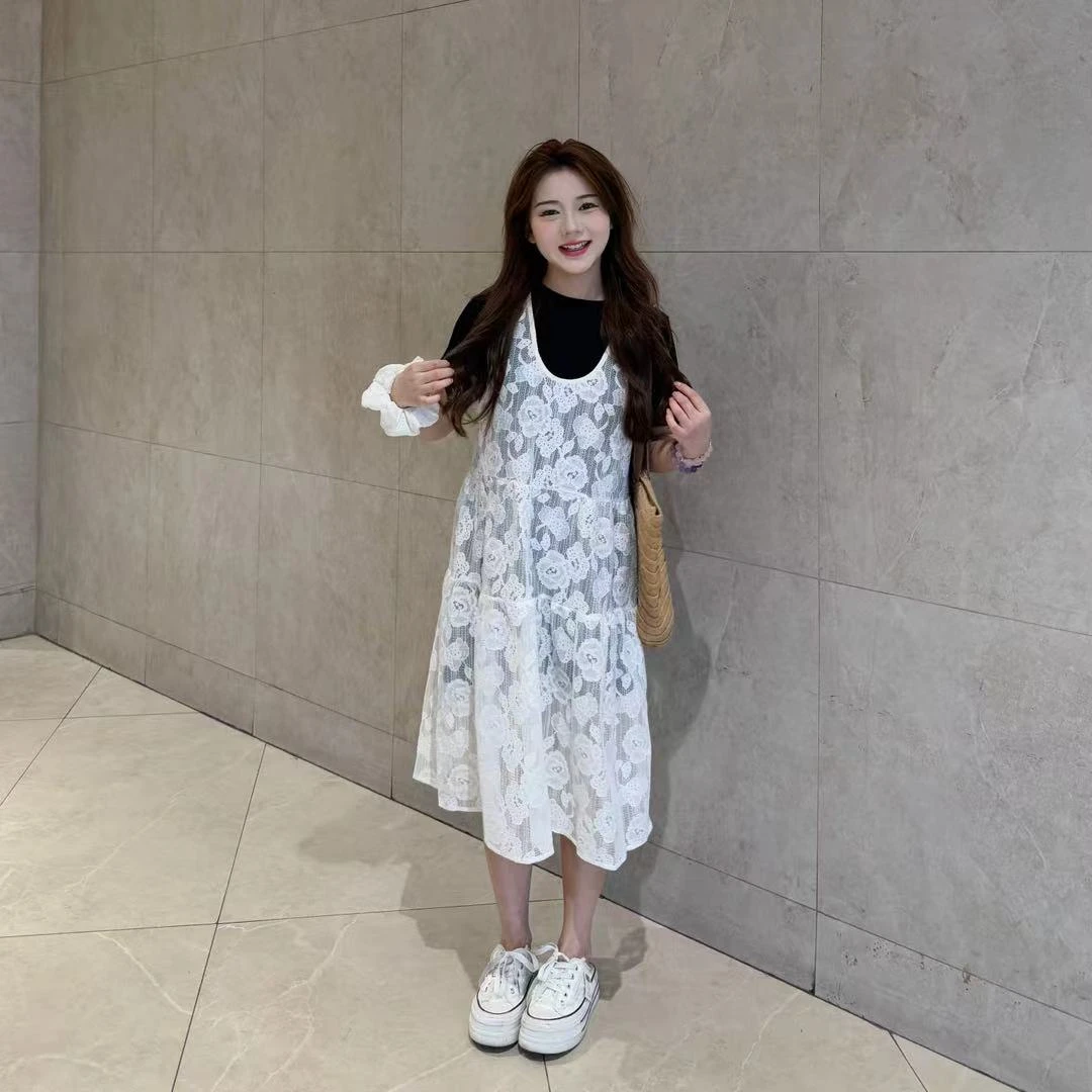 小个子定制重工气质蕾丝罩衫T恤连衣裙时尚休闲气质套装配发圈