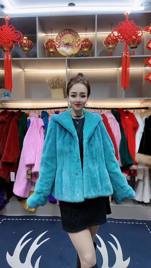 2024年进口紫金天鹅绒水貂皮草外套貂皮大衣女整貂短款连帽裘皮