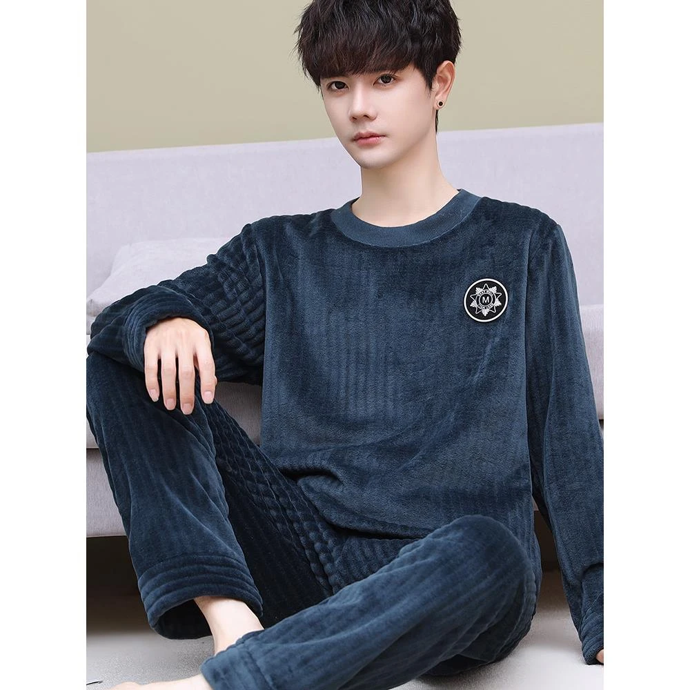 红豆居家睡衣男冬季珊瑚绒加厚加绒保暖家居服套装法兰绒套头男士