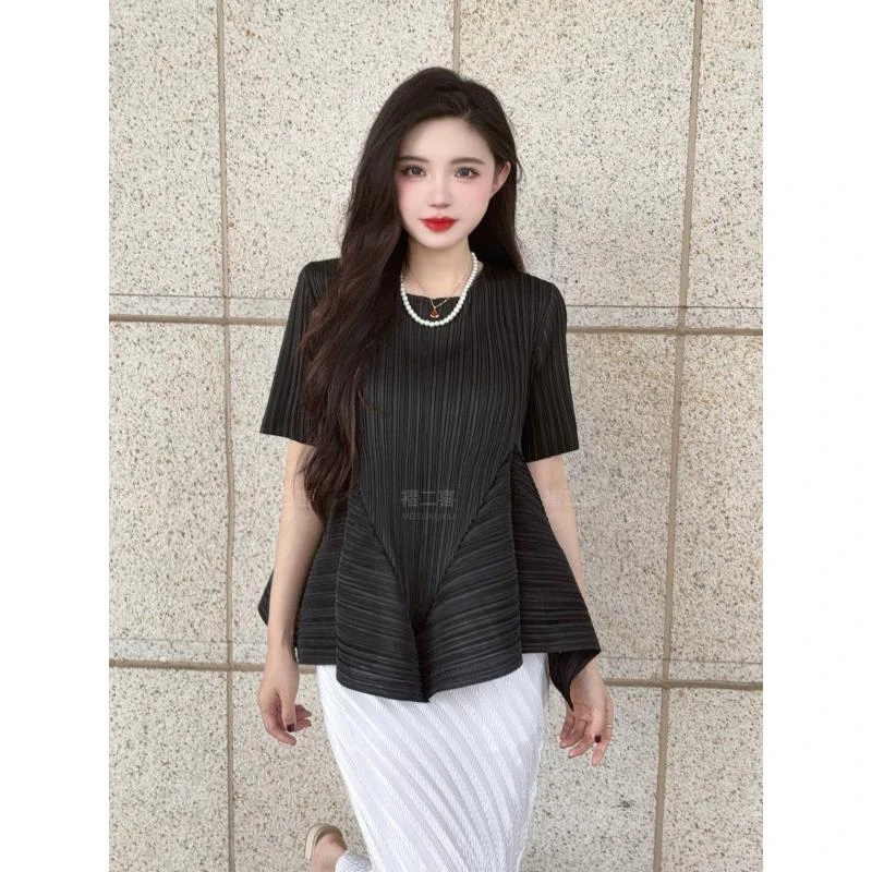 【褶二喜】夏季设计感短袖T恤女褶皱上衣修身显瘦花苞时尚百搭气质