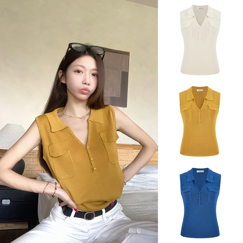 Moses Queen/魔西女王老钱风法式V领针织无袖背心女翻领气质上衣