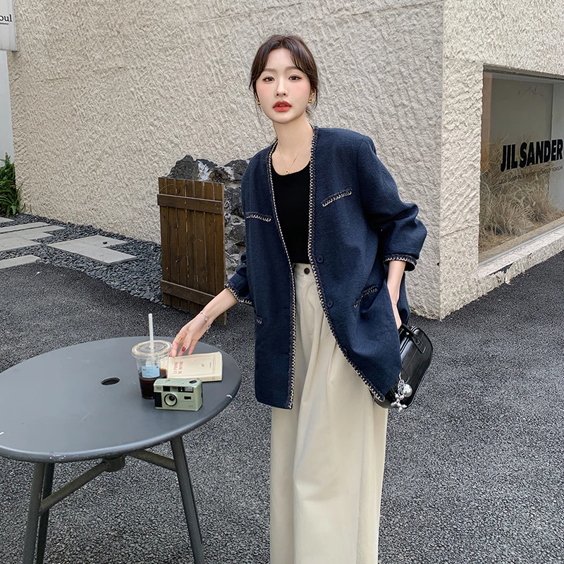 藏青色小香风外套女春秋2025年新款高级感轻熟风时髦气质宽松上衣