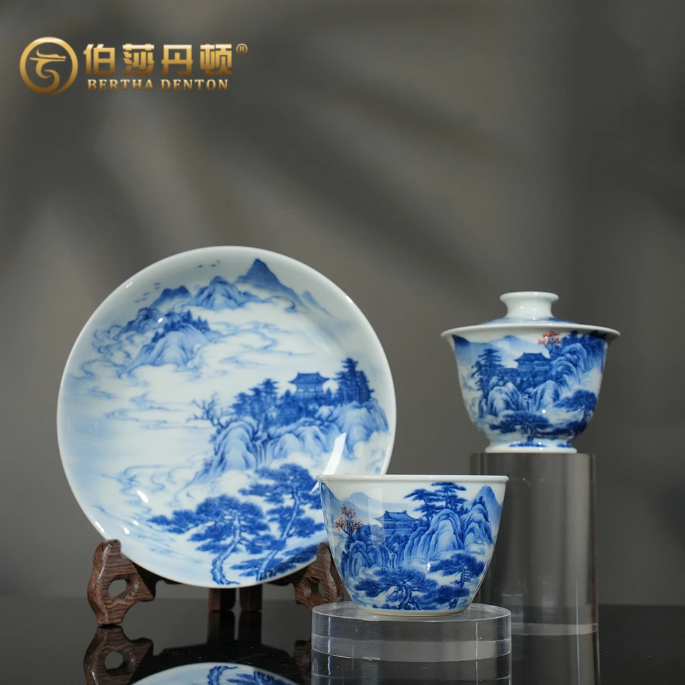 BERTHA DENTON楼阁云雾山水景德镇釉下彩全手工青花手绘送礼茶器