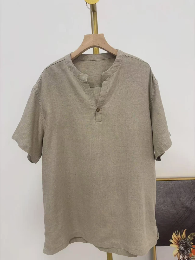 【双雨露黄金纱】100%双雨露汉麻夏季薄男士短袖T恤V领休闲套头衫