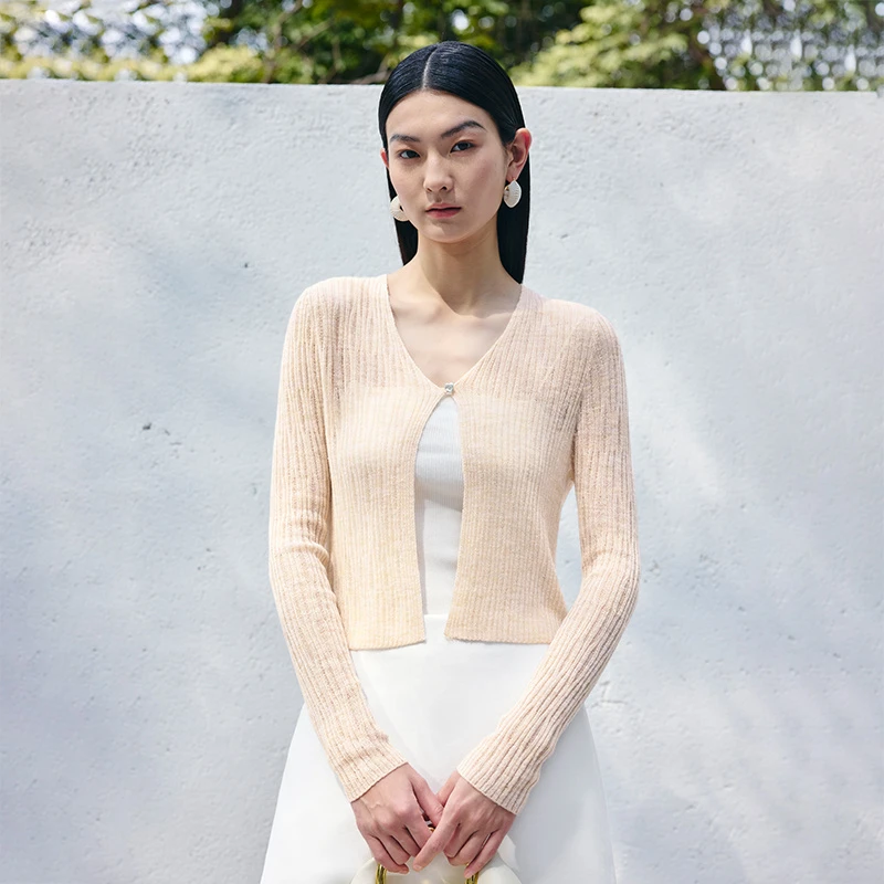 寺山文也 雨薇/羊毛呼吸感镂空修身V领短款针织开衫女春夏