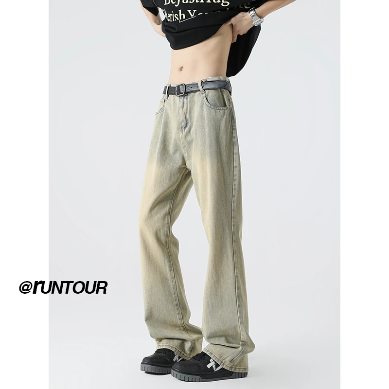复古做旧牛仔裤宽松微喇裤男女同款直筒裤子休闲高街弯刀裤国潮