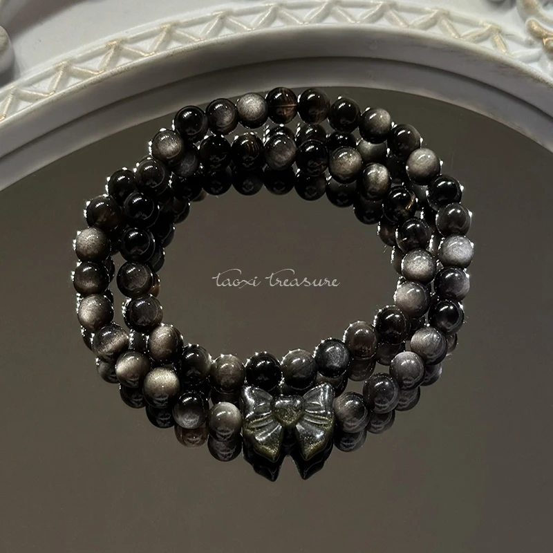 tx992-双圈银曜石蝴蝶结手串