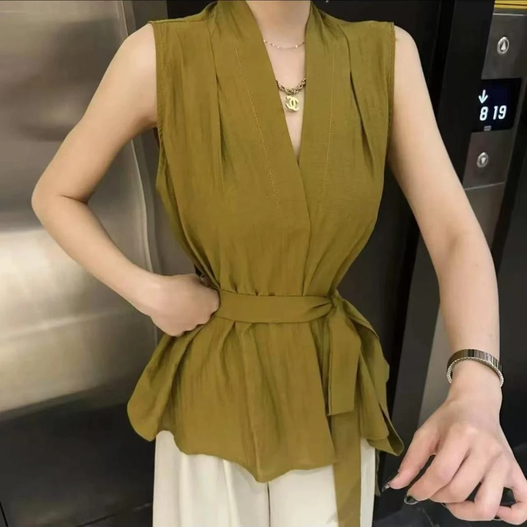 【卢大婷专属】新款绑带外穿衬衫上衣纯欲法式气质无袖背心女夏季