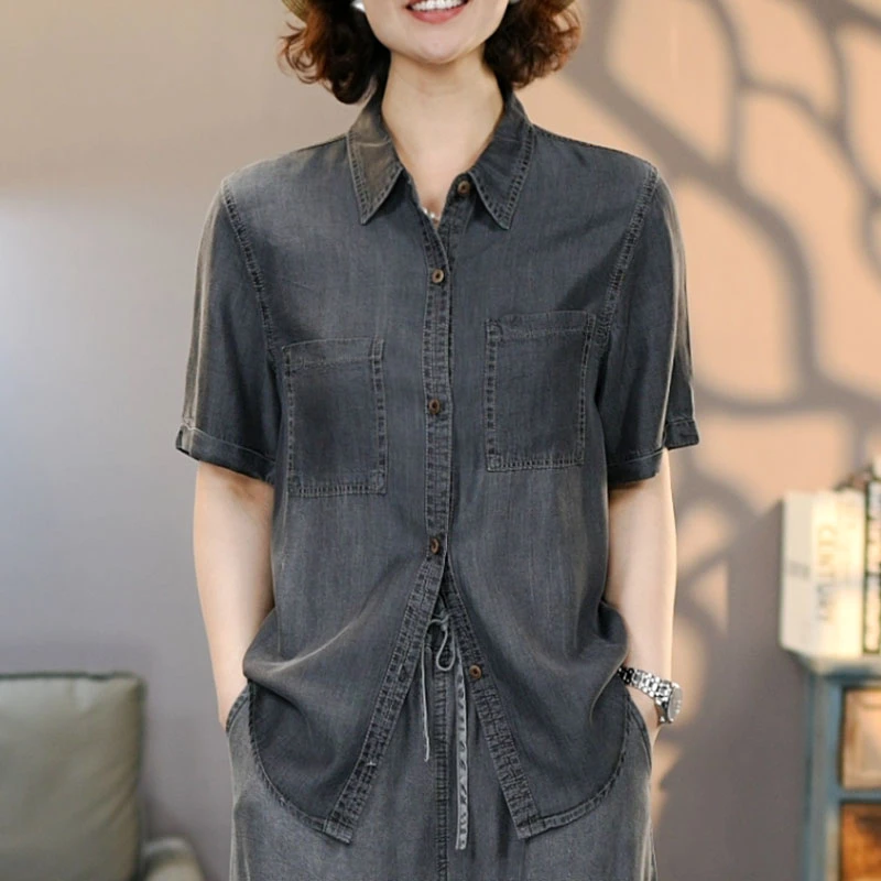 520黑天丝牛仔衬衫女2025潮流休闲显瘦休闲水洗透气牛仔上衣