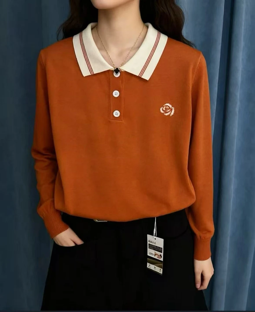 495【玫瑰花橙    翻领长袖   】高级气质针织女衫