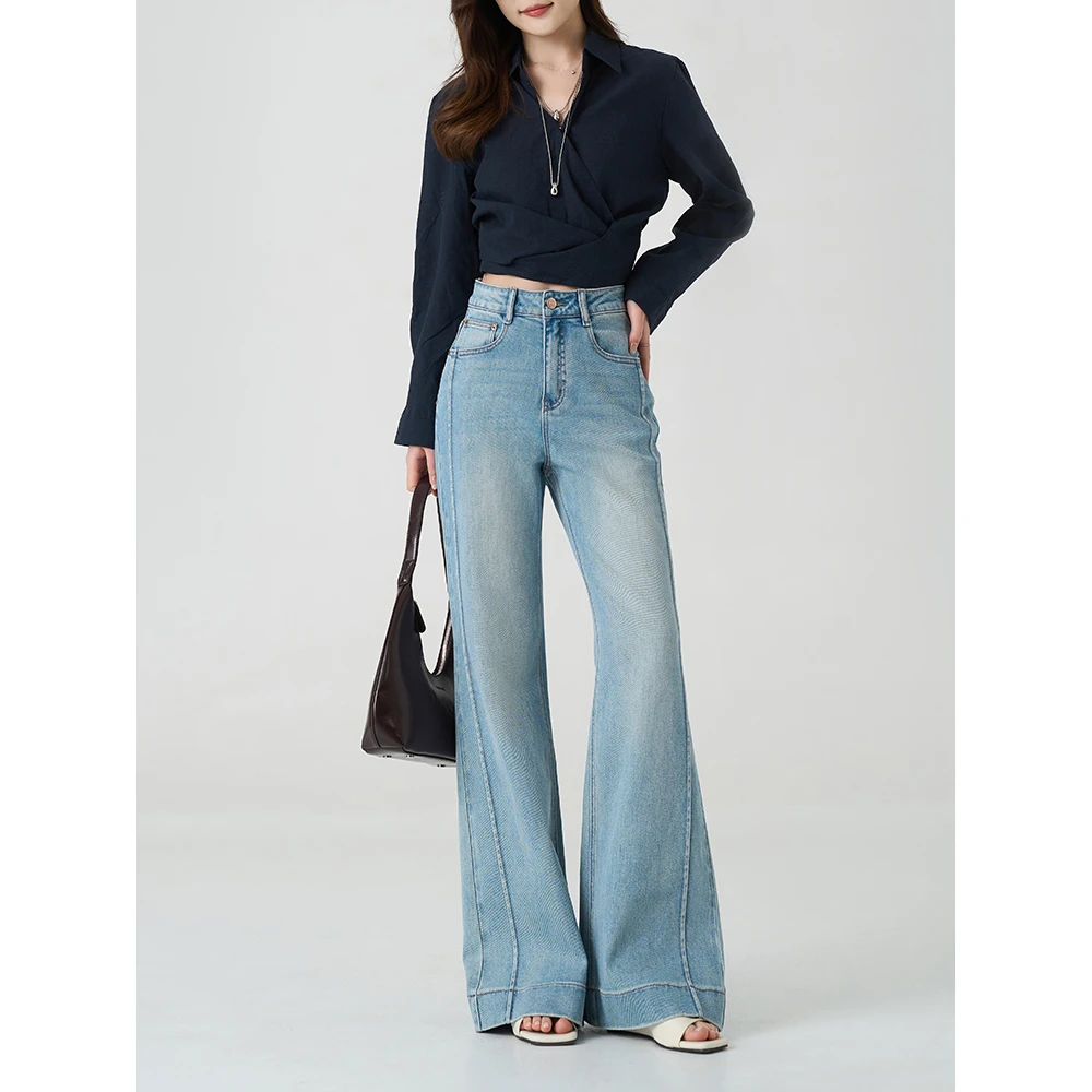 Space Password早春新款复古浅蓝牛仔阔腿裤中高腰水洗牛仔89211