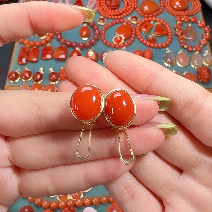 南红玛瑙银S925镶嵌耳饰高货