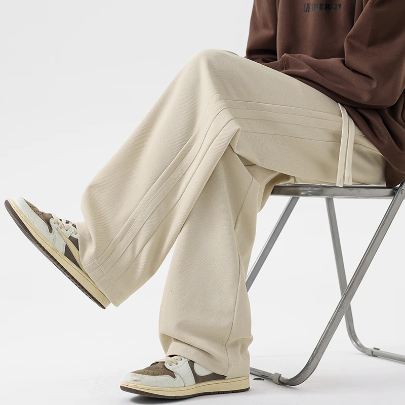 玛斯柏微喇垂感直筒休闲长裤男士秋冬季潮牌宽松设计感条纹卫裤子