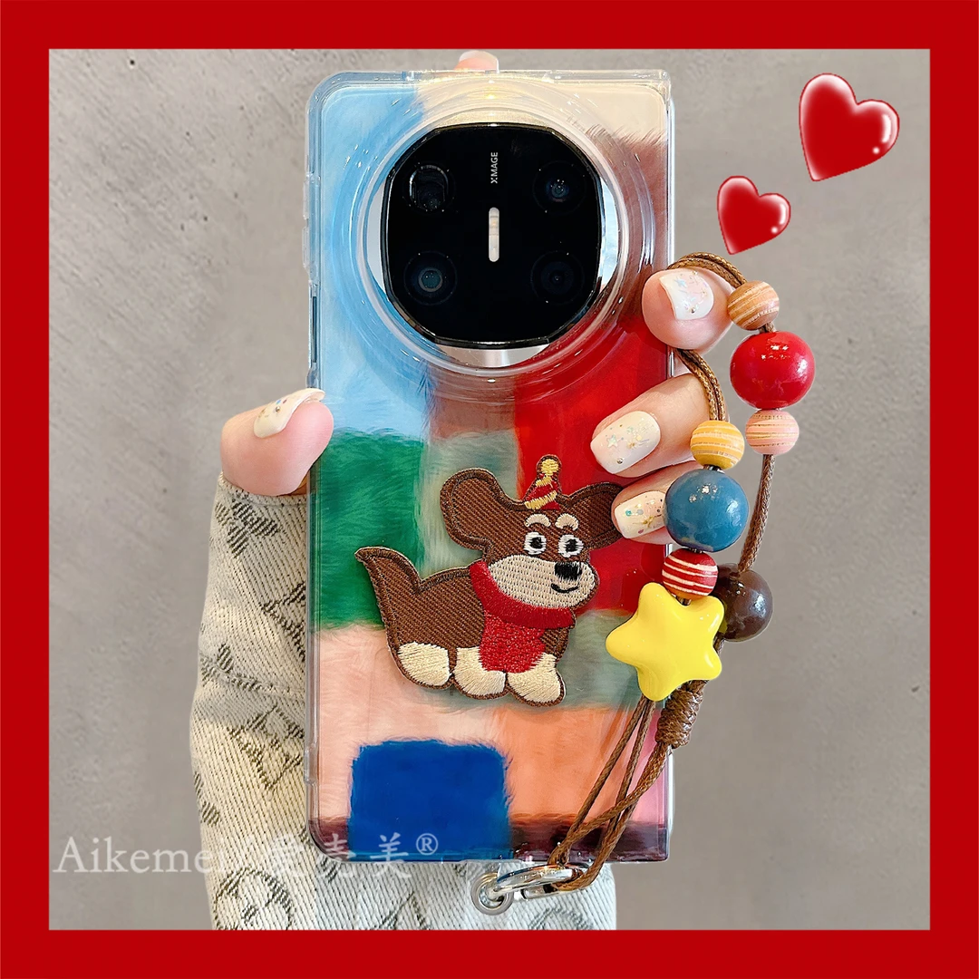 适用华为mateX6折叠屏手机壳MateX5典藏版撞色方块X3拼接刺绣小狗