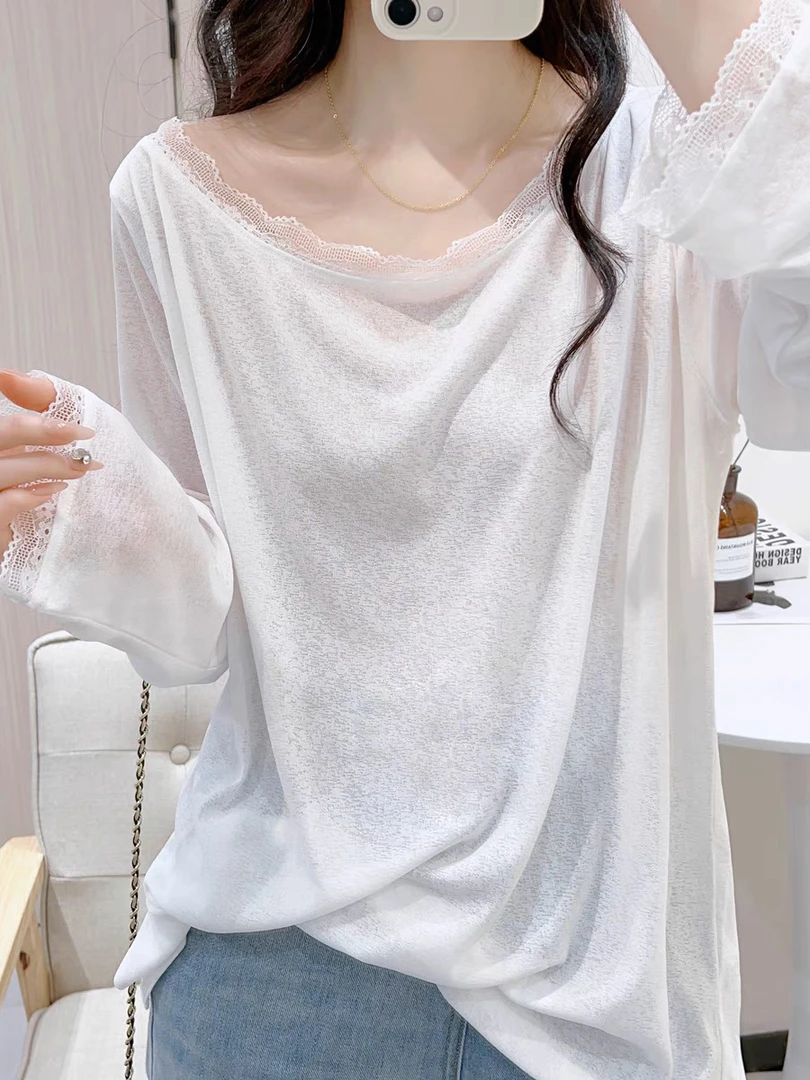 蕾丝拼接一字肩长袖T恤女夏季宽松大版下摆开叉防晒罩衫露肩上衣