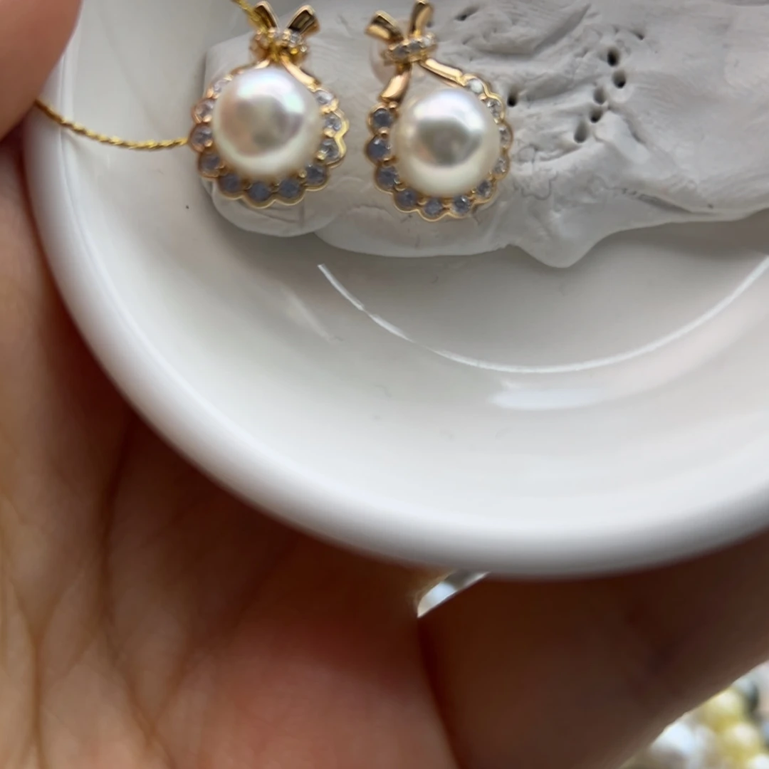 银S925镶嵌耳饰海水珍珠8-9mmAk钱袋子银黄