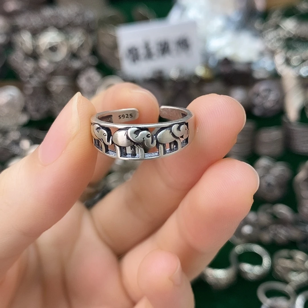 无合金925纯银三只小象10-15可调节jie zhi