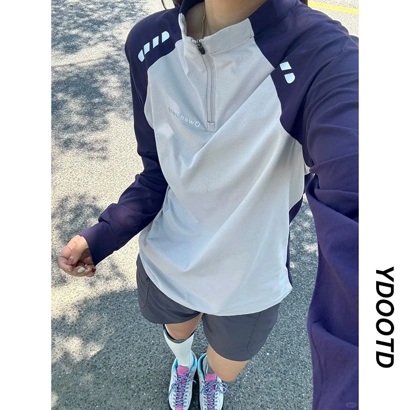 紫色拼接插肩袖夏季薄款防晒速干半拉链立领运动长袖T恤衫男户外